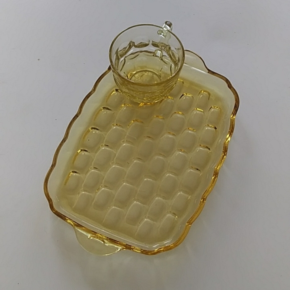 Antique Vintage glass cup tray honeycomb yellow bohemian boho